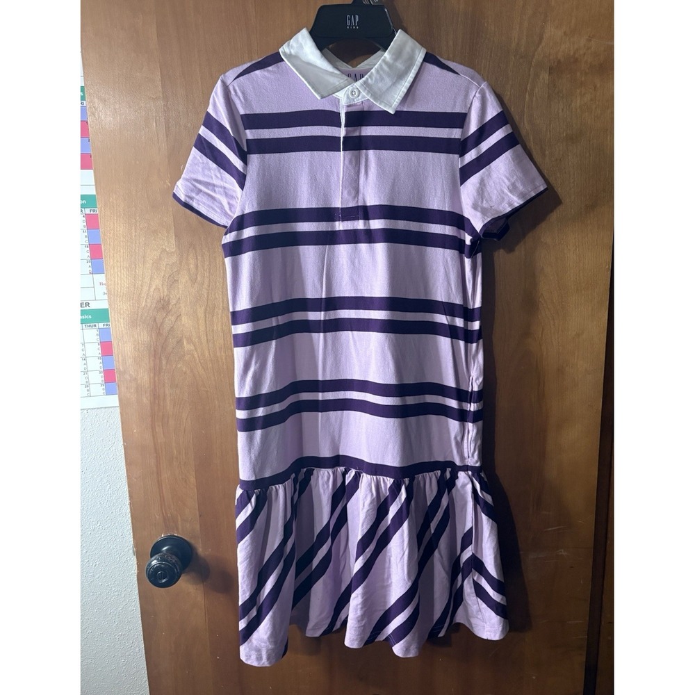 GAP Kids Girls Shirt Dress Purple White Striped Collared Button XL 14/16 7185